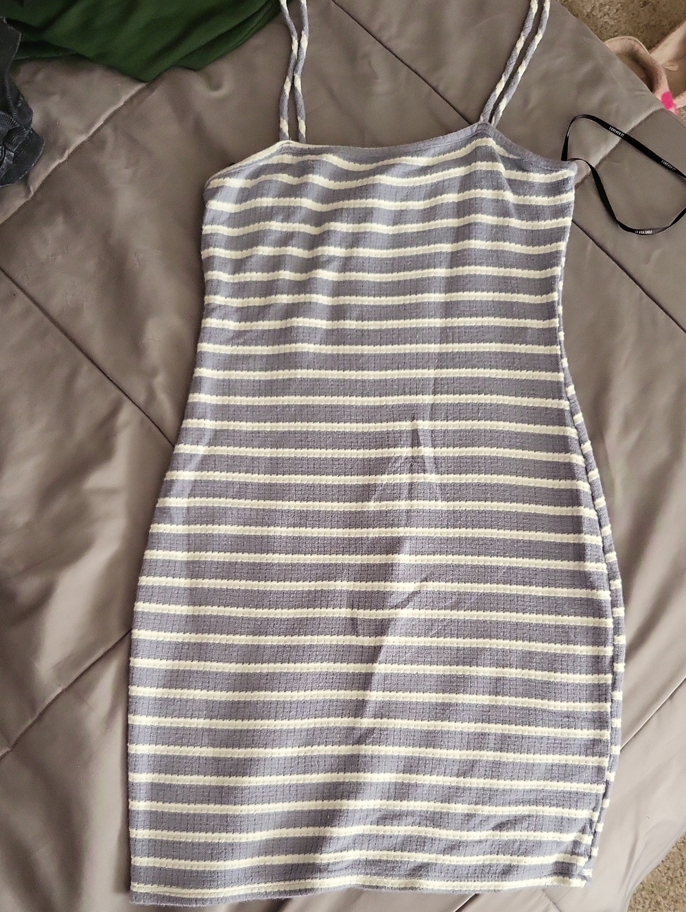 Striped Knit Spaghetti-Strap Dress in Gray and White